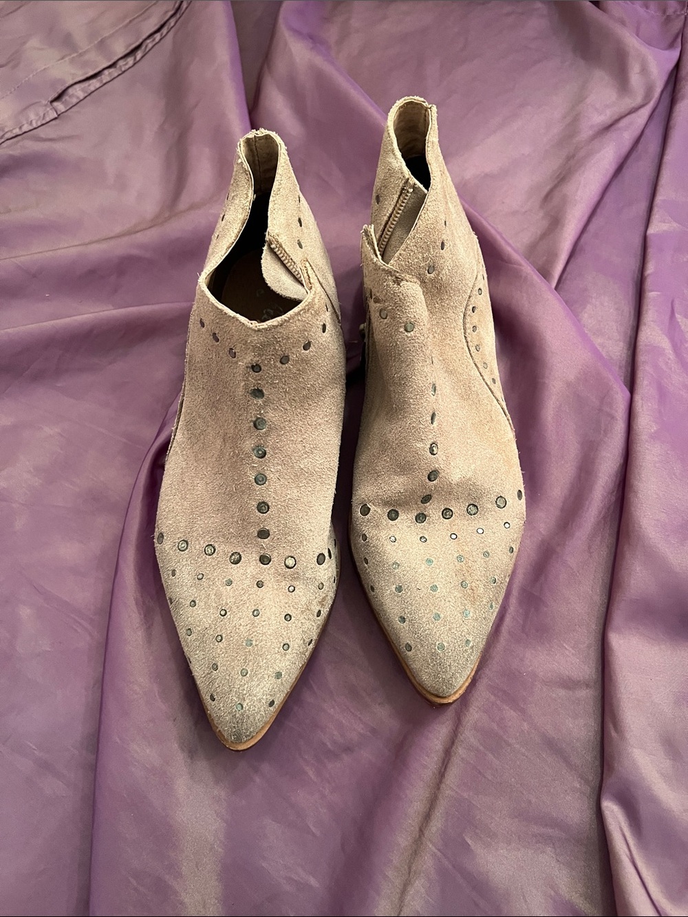 Free People Light Beige Suede Pointed Toe Ankle Booties with Stud Accents